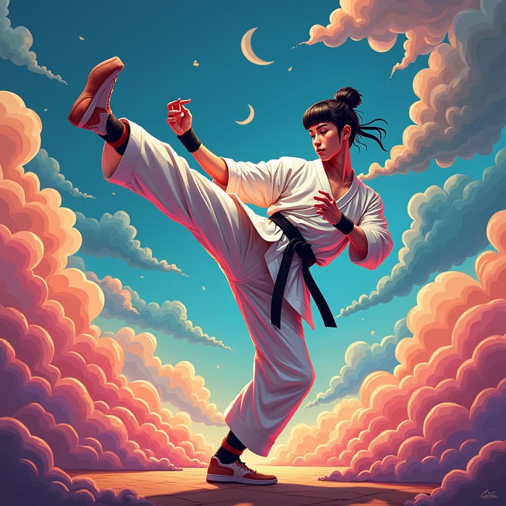 Dynamic Taekwondo Fighter in Dreamlike Matte Painting