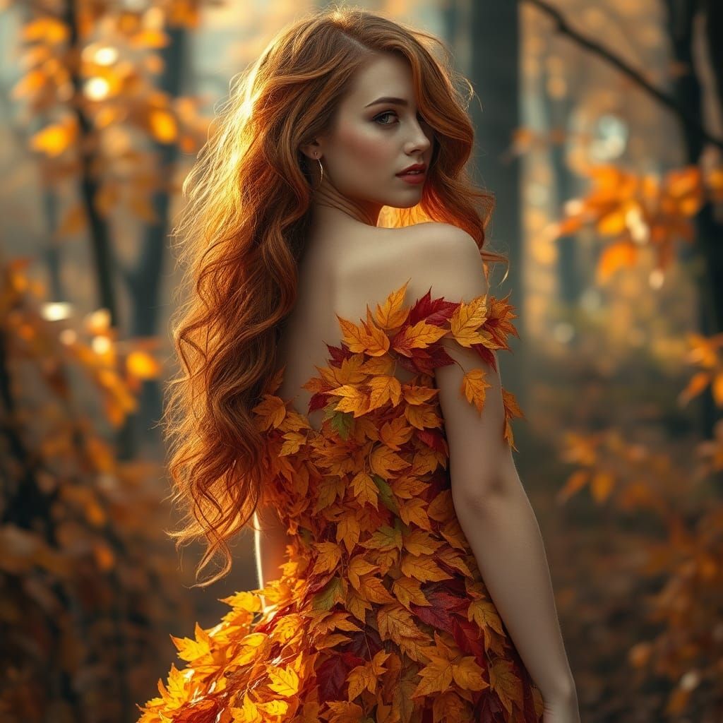 Autumn Dryad with Fiery Hair and Leaf Gown