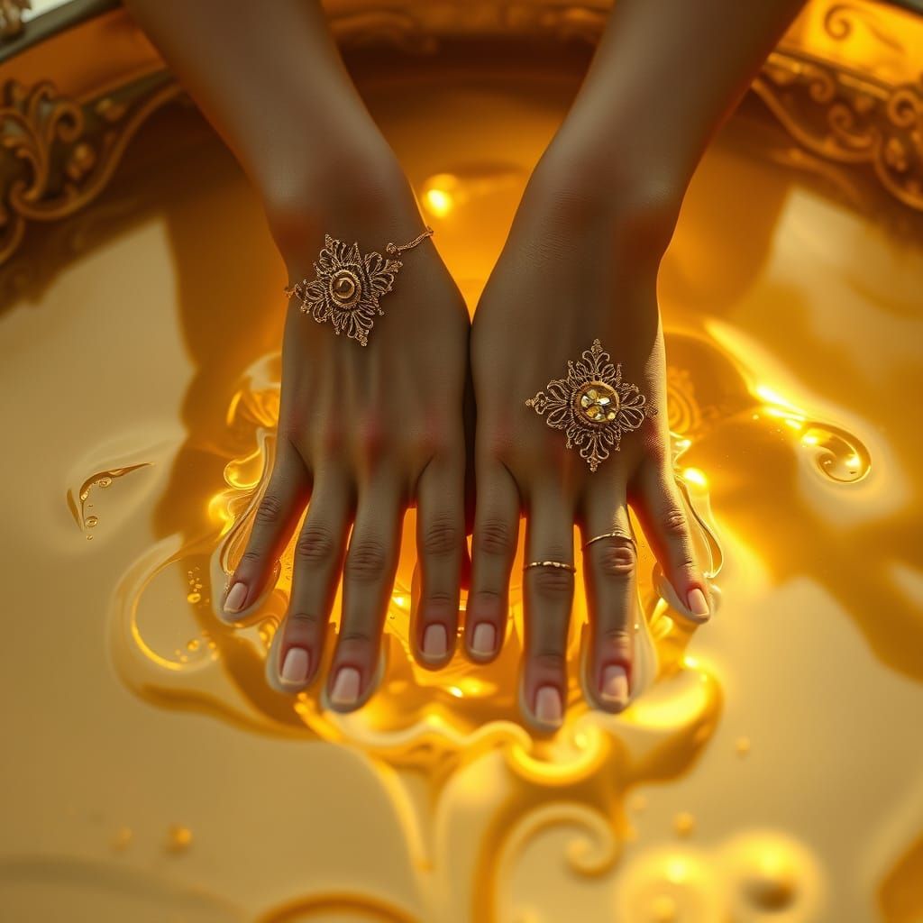 Woman's Hands Submerge in Liquid Gold
