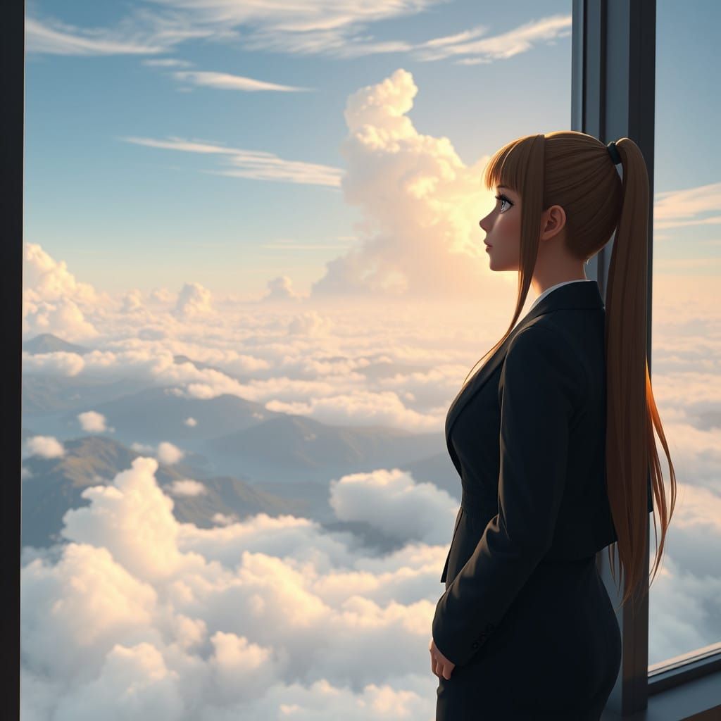 Long-Haired Lady Lost in Contemplation Amidst Dreamlike Land...