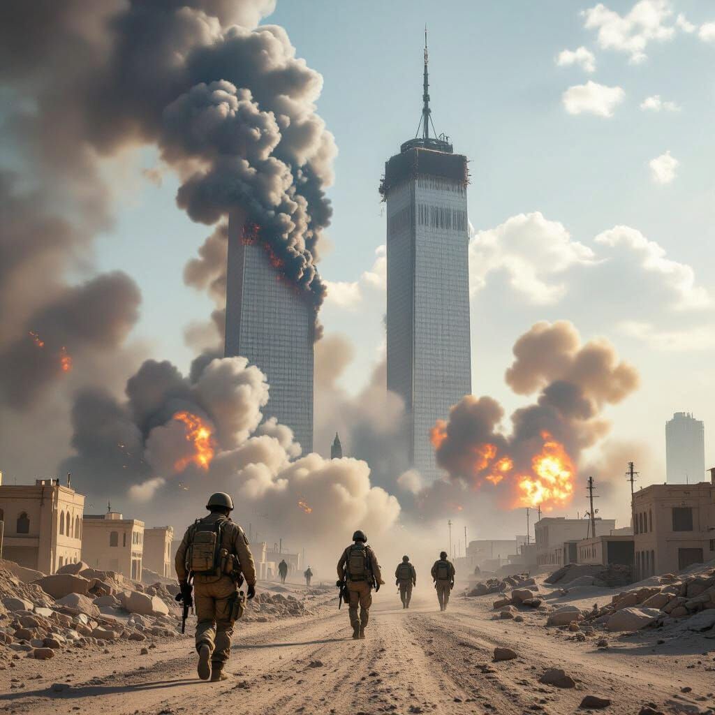 Montage of Twin Towers Smoke and Desert Explosions with Sold...