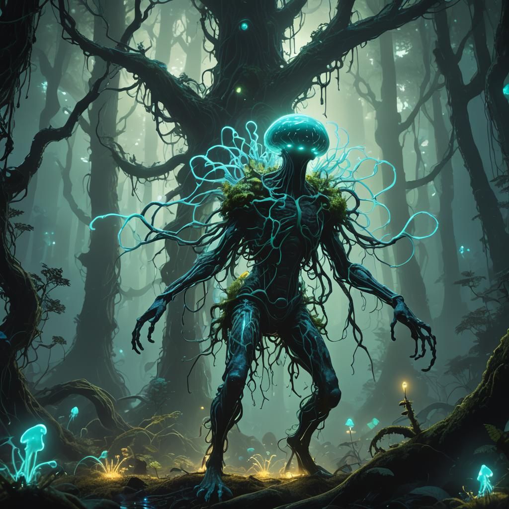 Bioluminescent Slime Mold Party in Mystical Forest