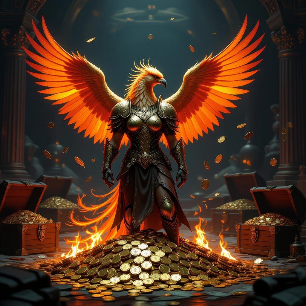 Majestic Phoenix Rises from Gold and Burning Banknotes