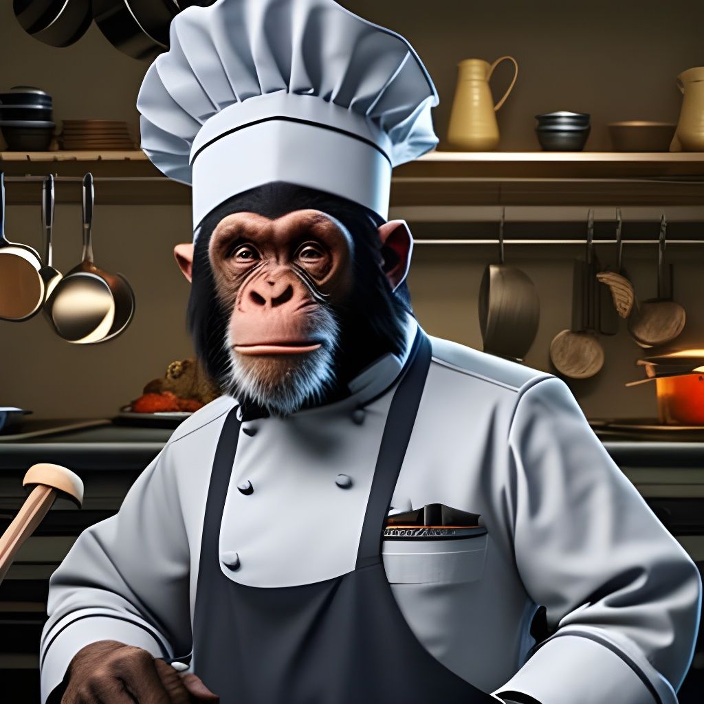 Chimpanzee Chef in Kitchen: Detailed Digital Art