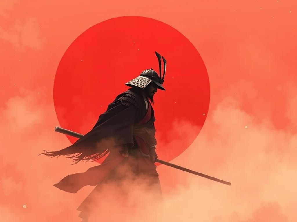 Surreal Samurai Emerges from Crimson Mist