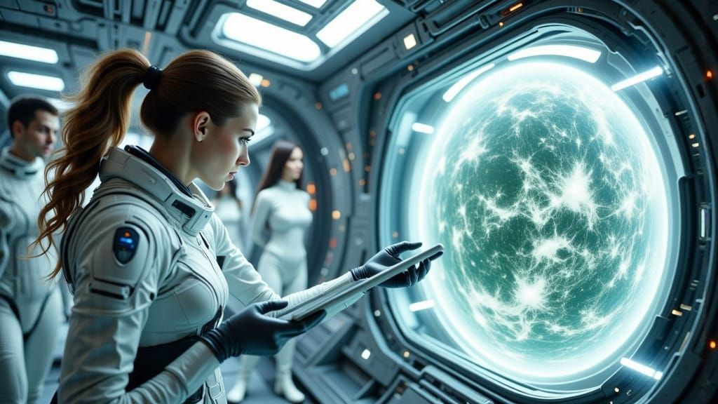 Sci-Fi Officer Surveys Alien Planet Hologram