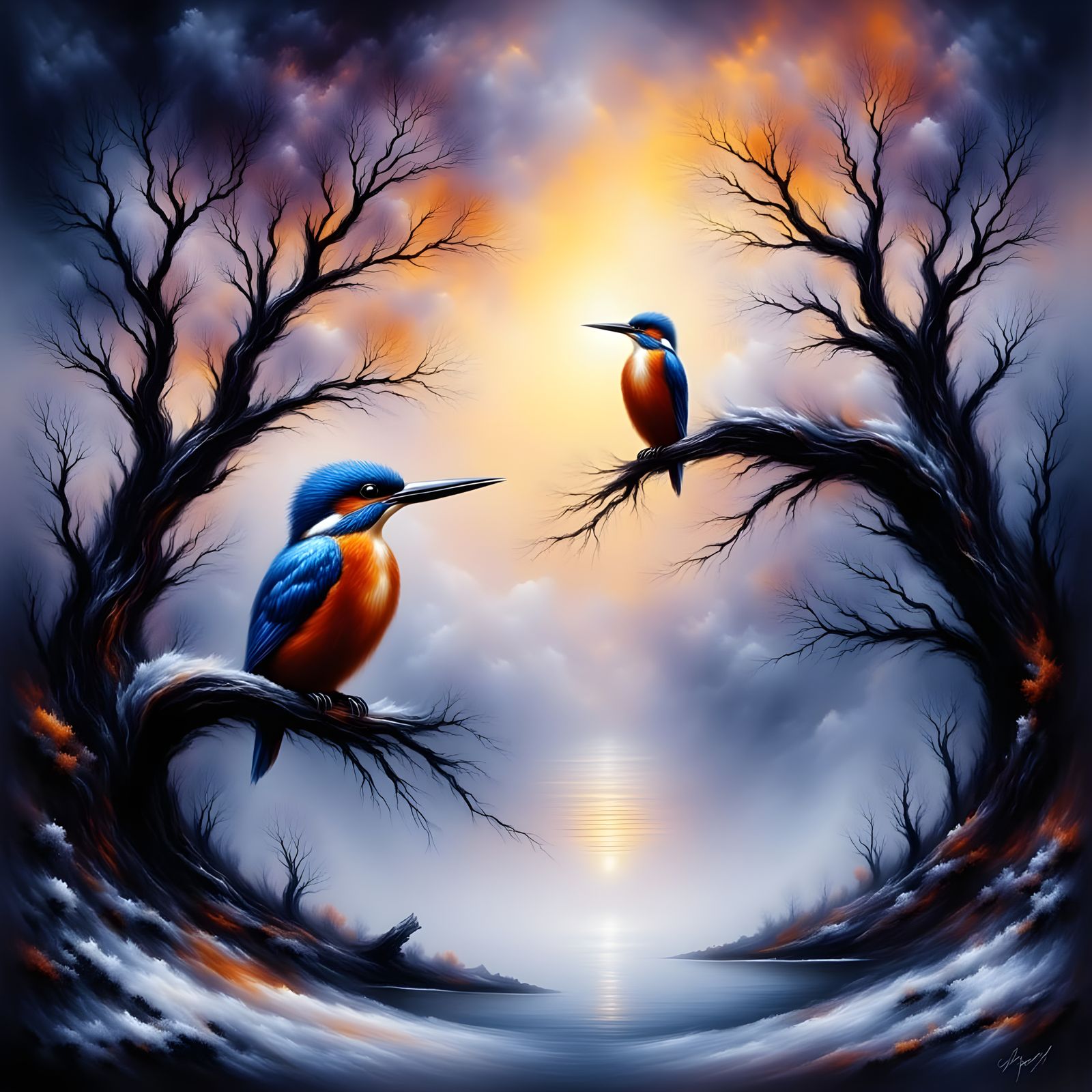 Vibrant Kingfisher on Foggy Lake in Fall