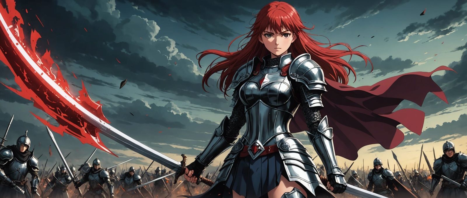 Anime Knight with Red Hair on Battlefield