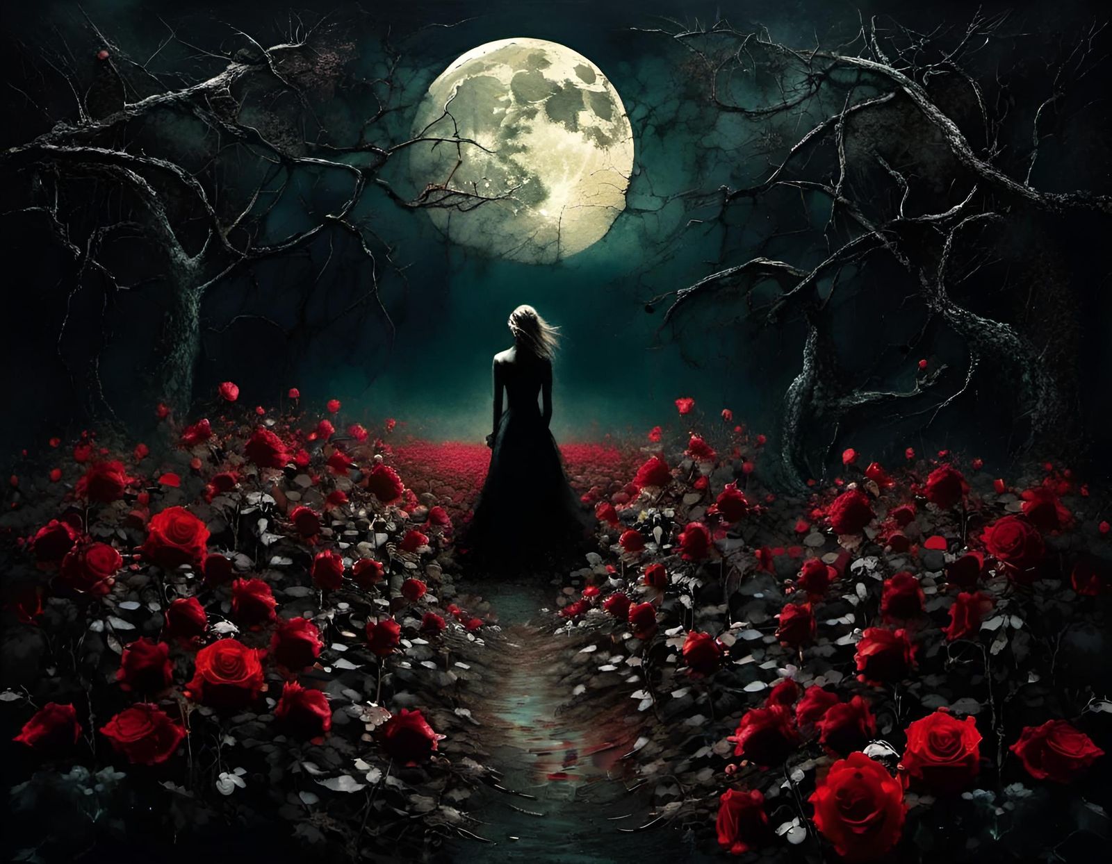 Macabre Moonlit Garden of Overgrown Roses