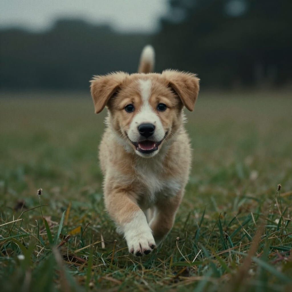Smiling Puppy Running Through Field - Cinematic Film Still