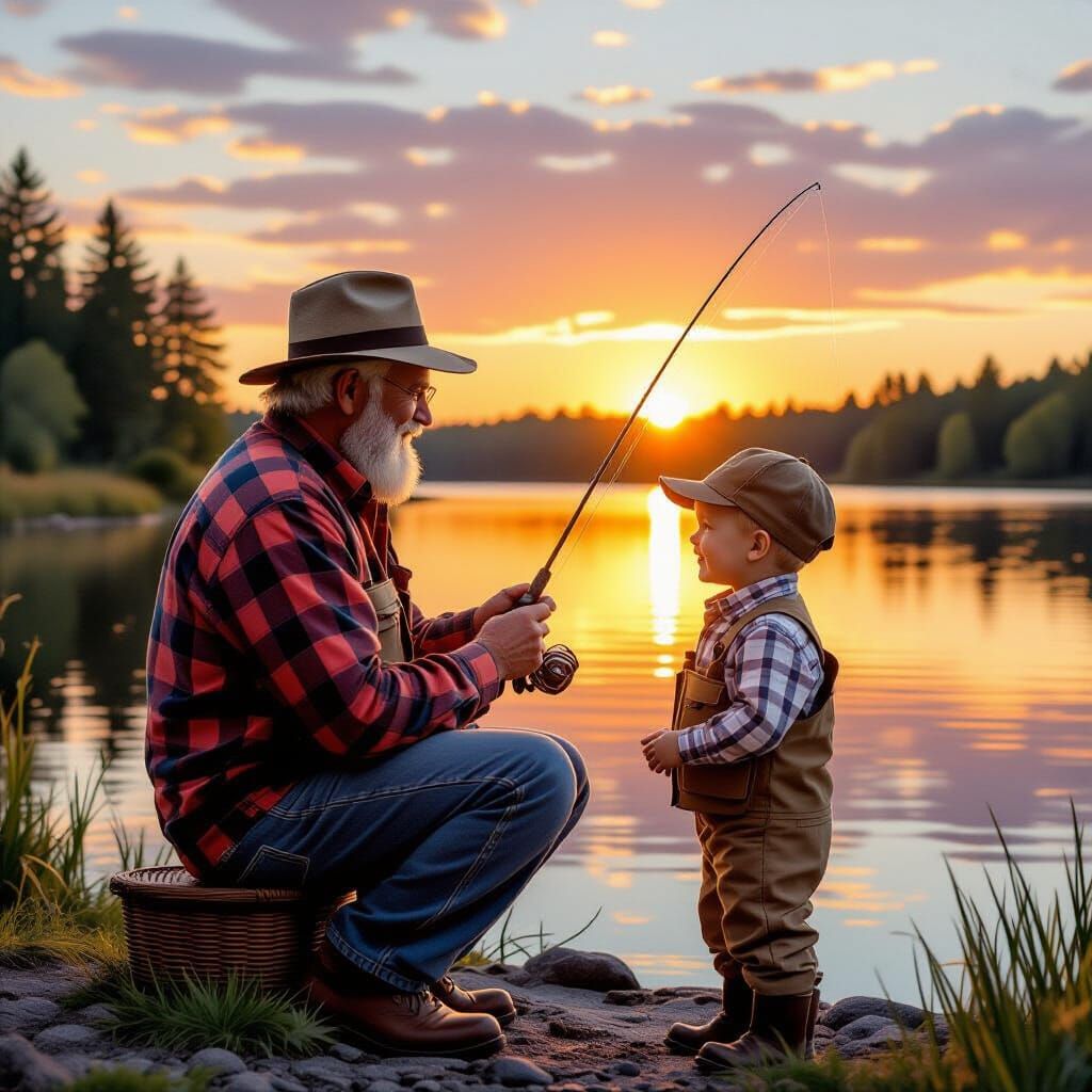Heartwarming Lakeside Fishing Scene in Classic Style