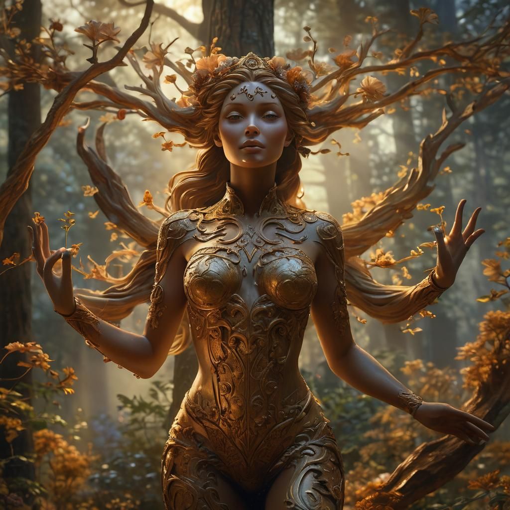 Wooden Woman in Forest, Hyperdetailed Fantasy Art