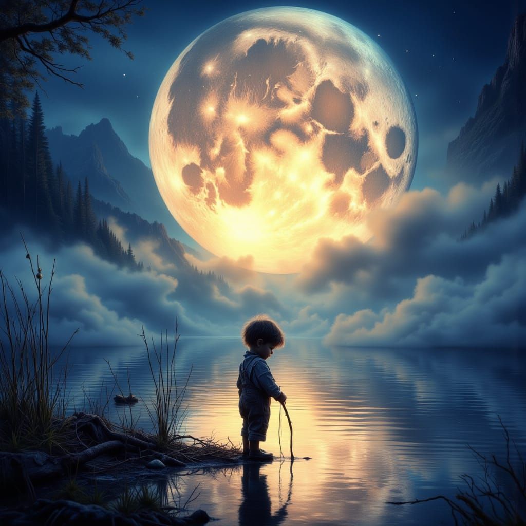 Child and Moon Reflected in Lake: Painterly Silhouette