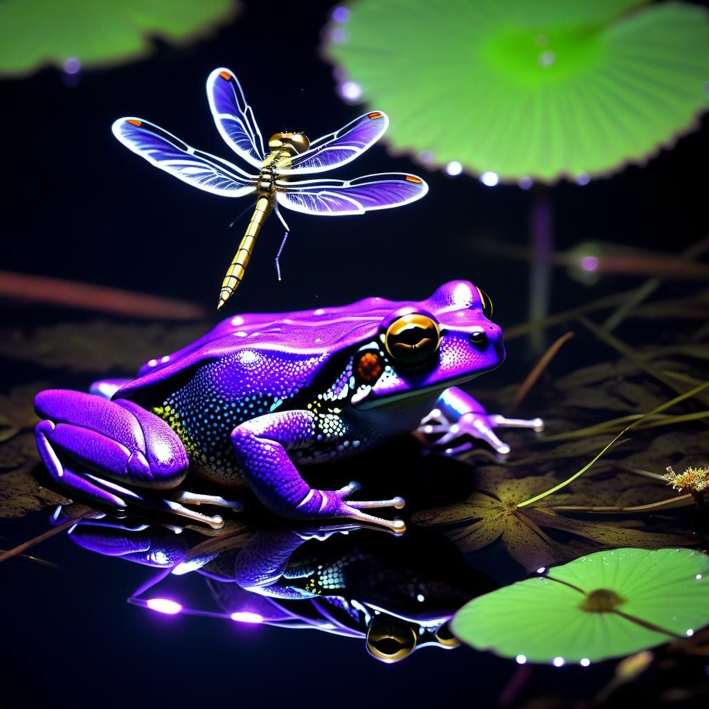 Bioluminescent Purple Toad in Iridescent Pond at Night