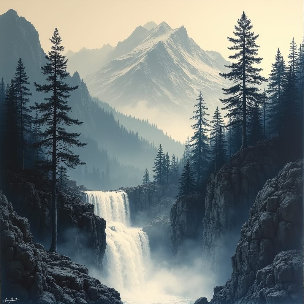 Ethereal Waterfalls Meet Majestic Mountains in Ink and Light