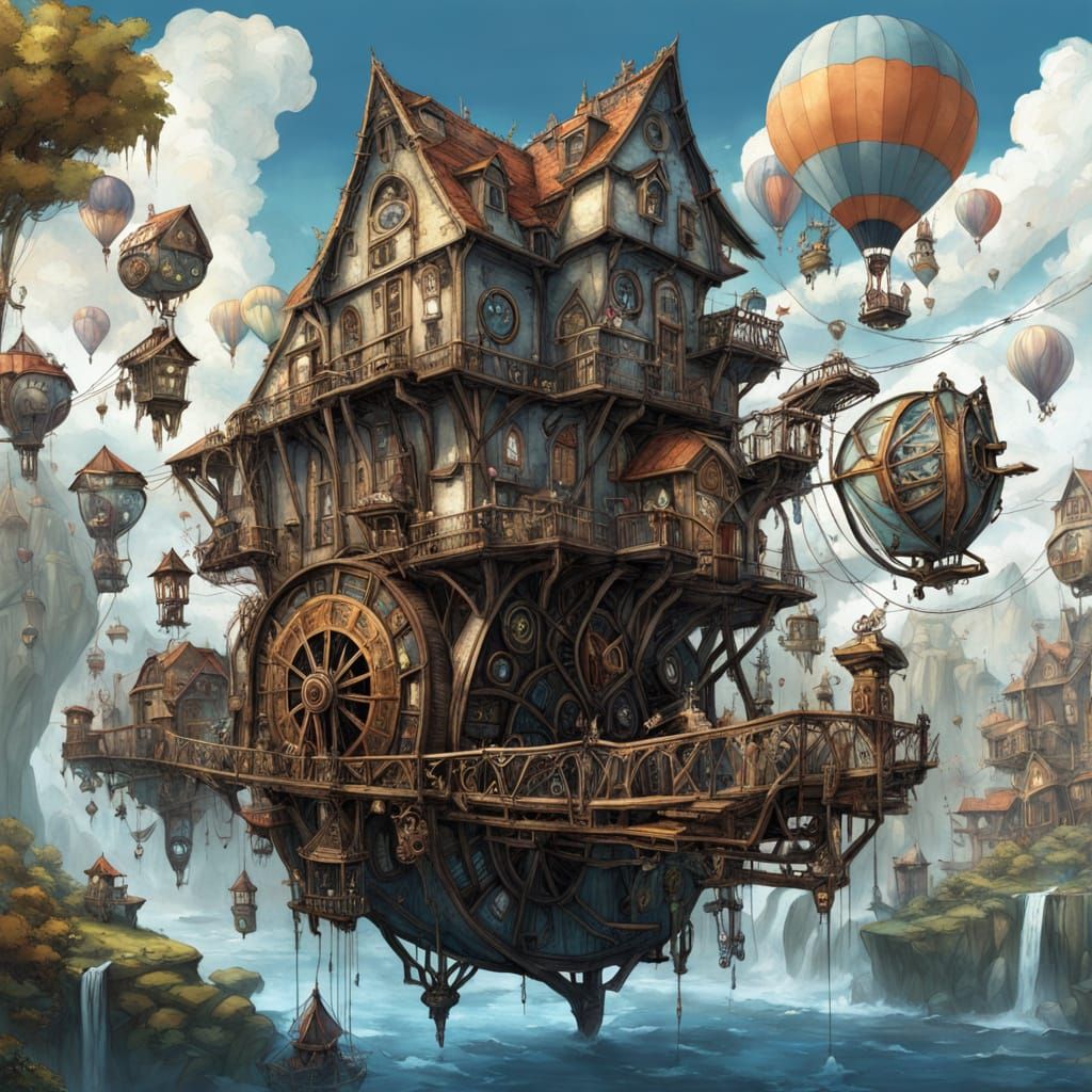 Whimsical Floating Village Powered by Majestic Fantasy Water...