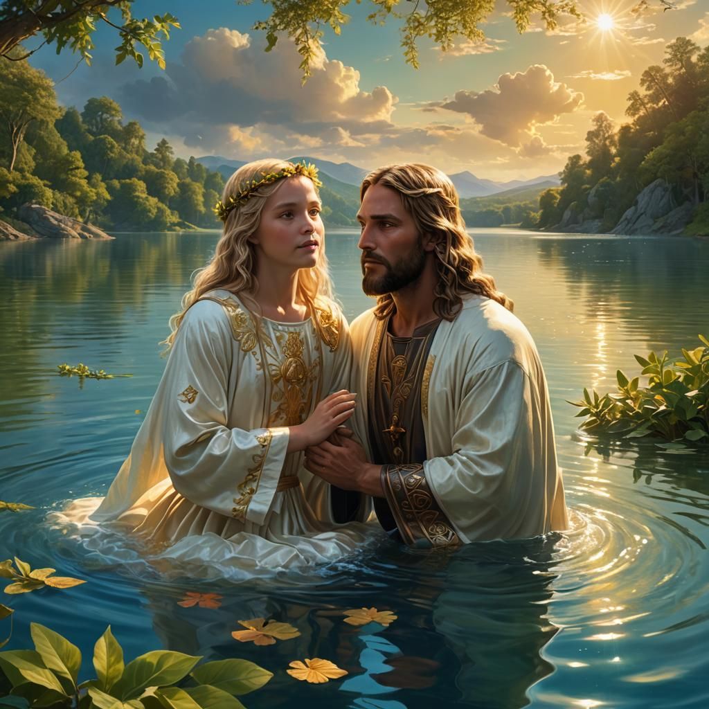 Jesus Christ Baptizing a Girl in Serene Lake