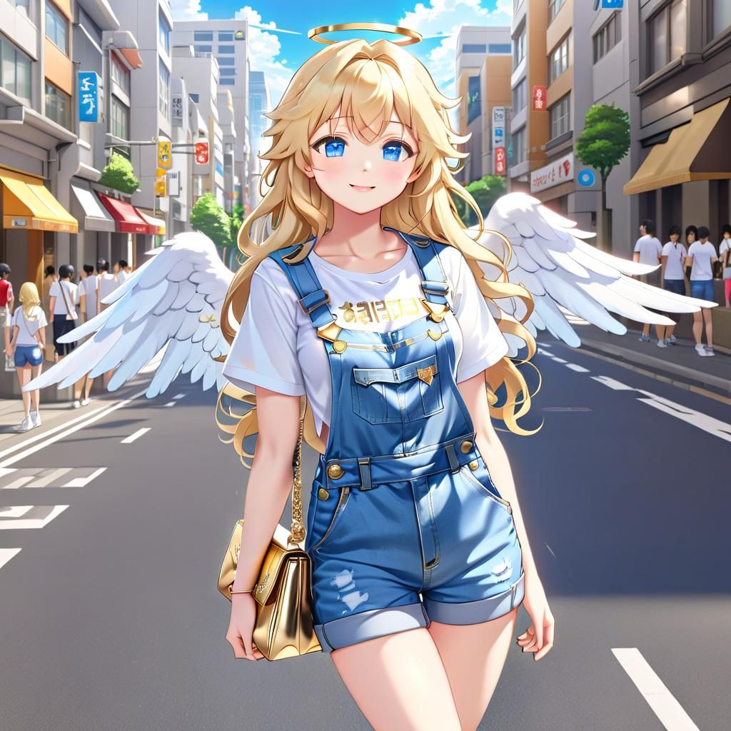 Anime Chibi Angel in Denim Overalls