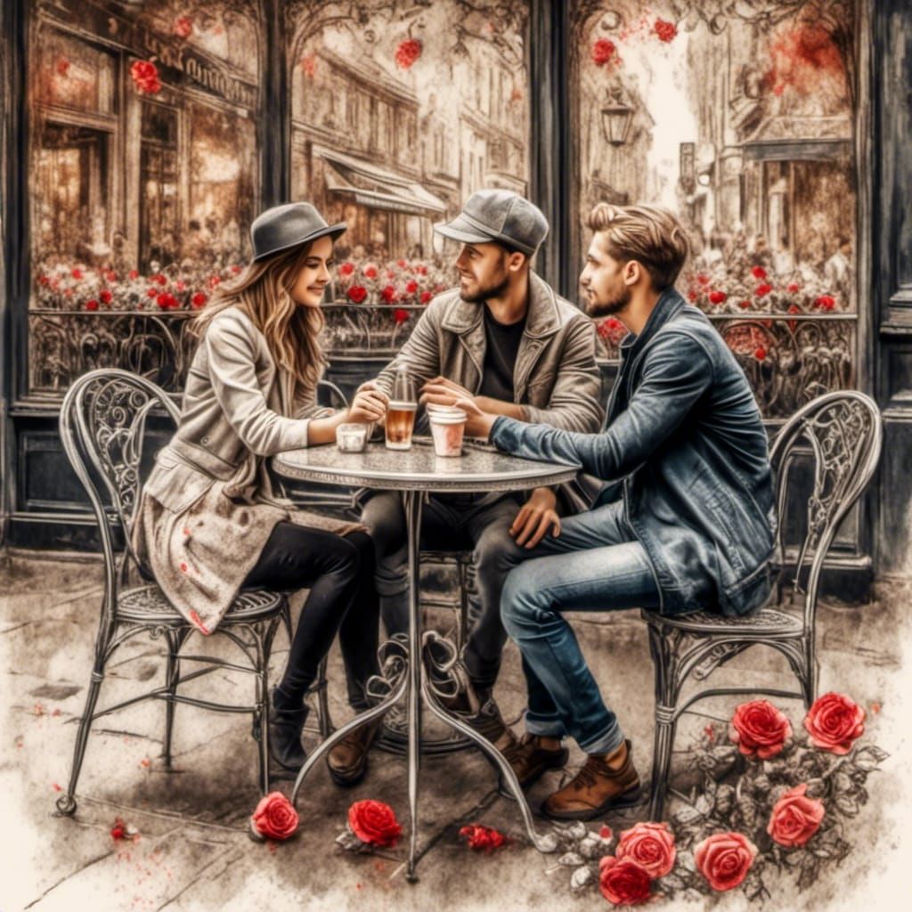 Amsterdam Café: Watercolor Couple in Chalk Art Style