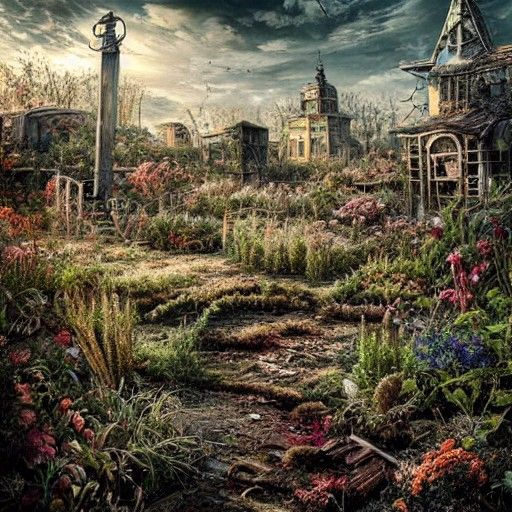 Hyperdetailed Abandoned Garden in Dystopian Landscape
