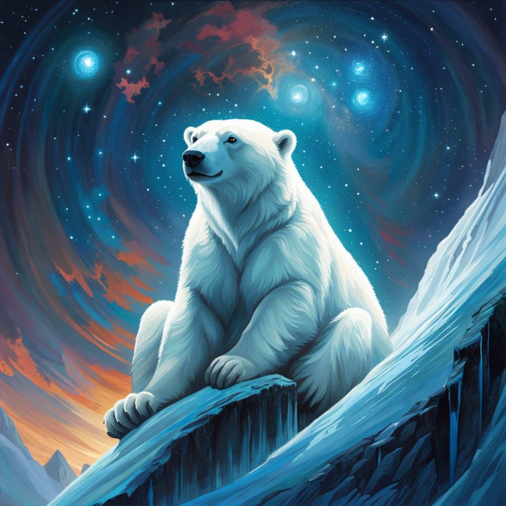 Polar Bear with Azure Eyes in Starry Landscape