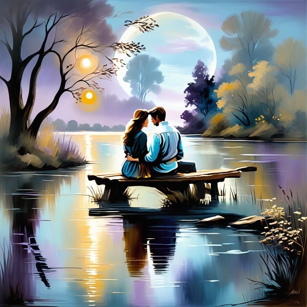 Farewell Scene with Moonlit River and Fires