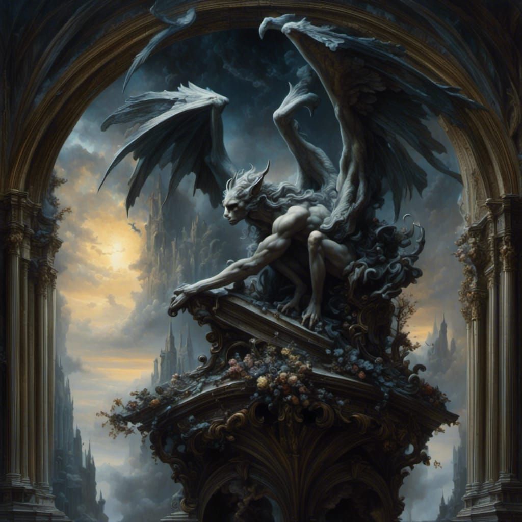 Dark Gargoyle on Archway: Mystical Gothic Art