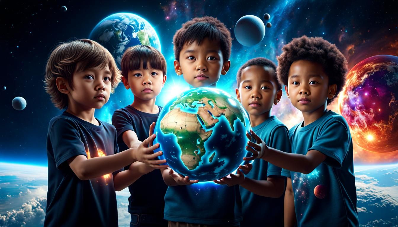 Children Holding Earth in Colorful Space: 3D Render