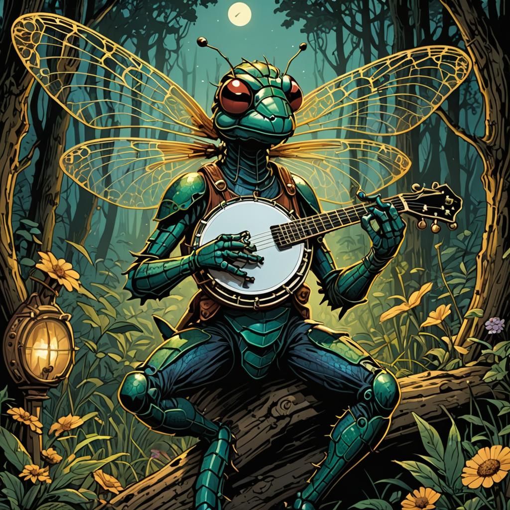 Dragonfly Plays Banjo in Comic Book Art Style