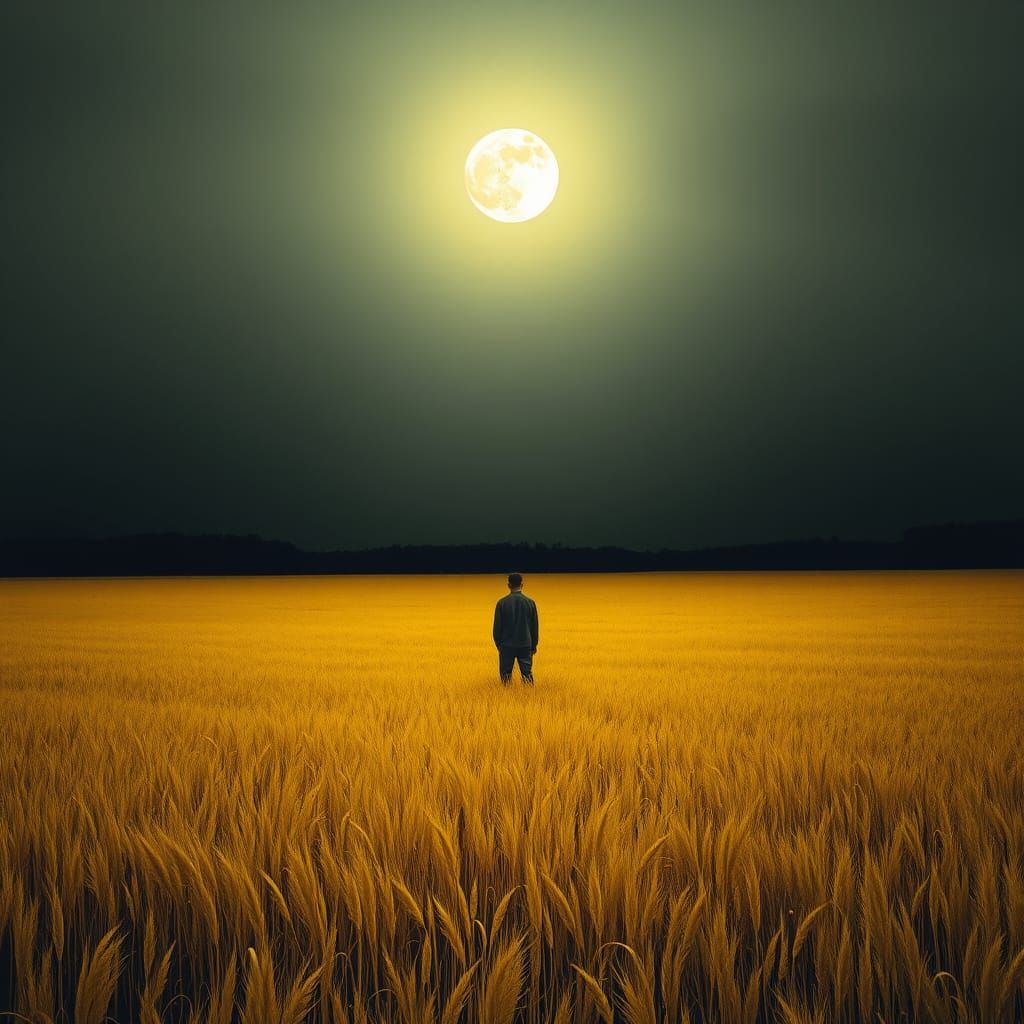 Solitary Figure in Golden Field Under Moonlit Sky