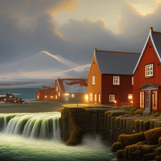 Epic Icelandic Village in Digital Painting Style
