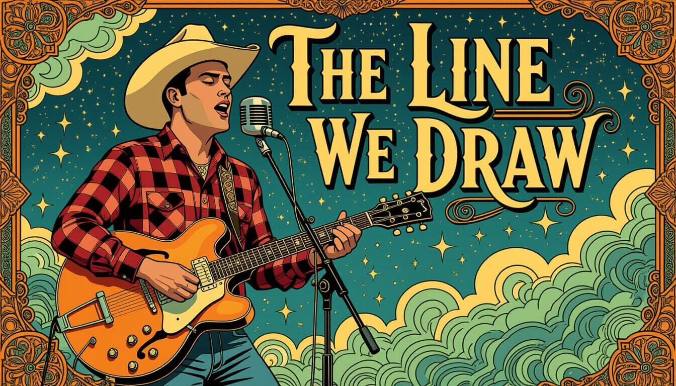 Country Singer Under Art Deco Text in Dystopian Style