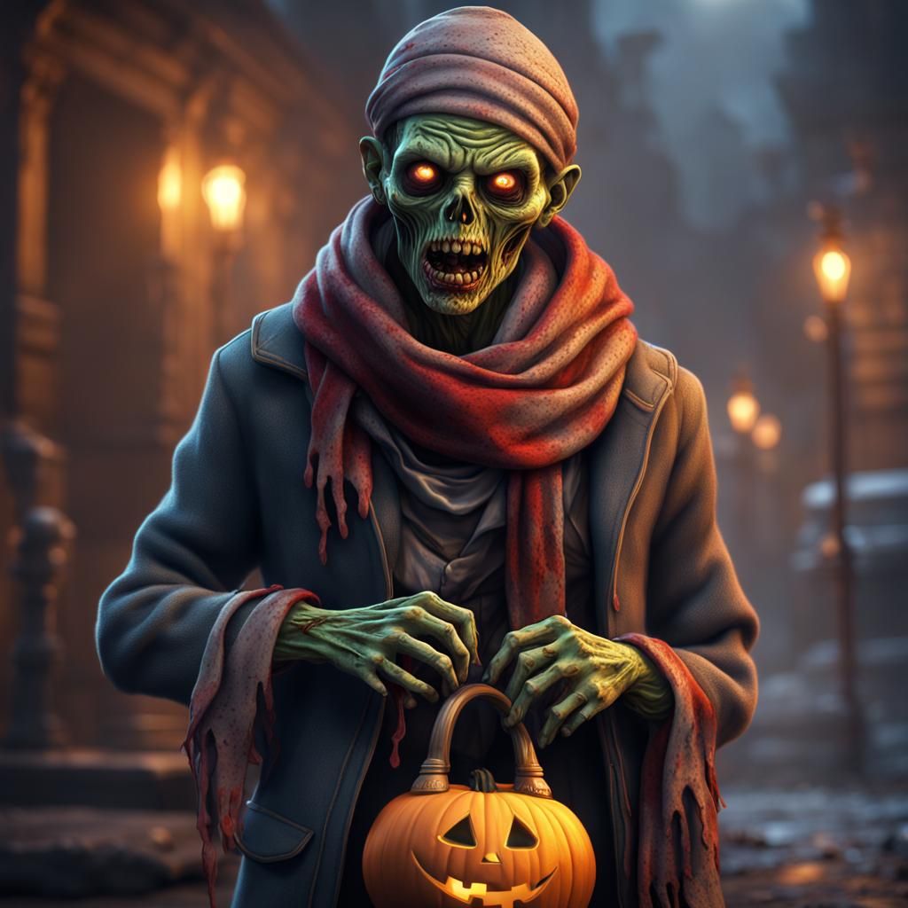 Zombie in a scarf with a trick or treat bag