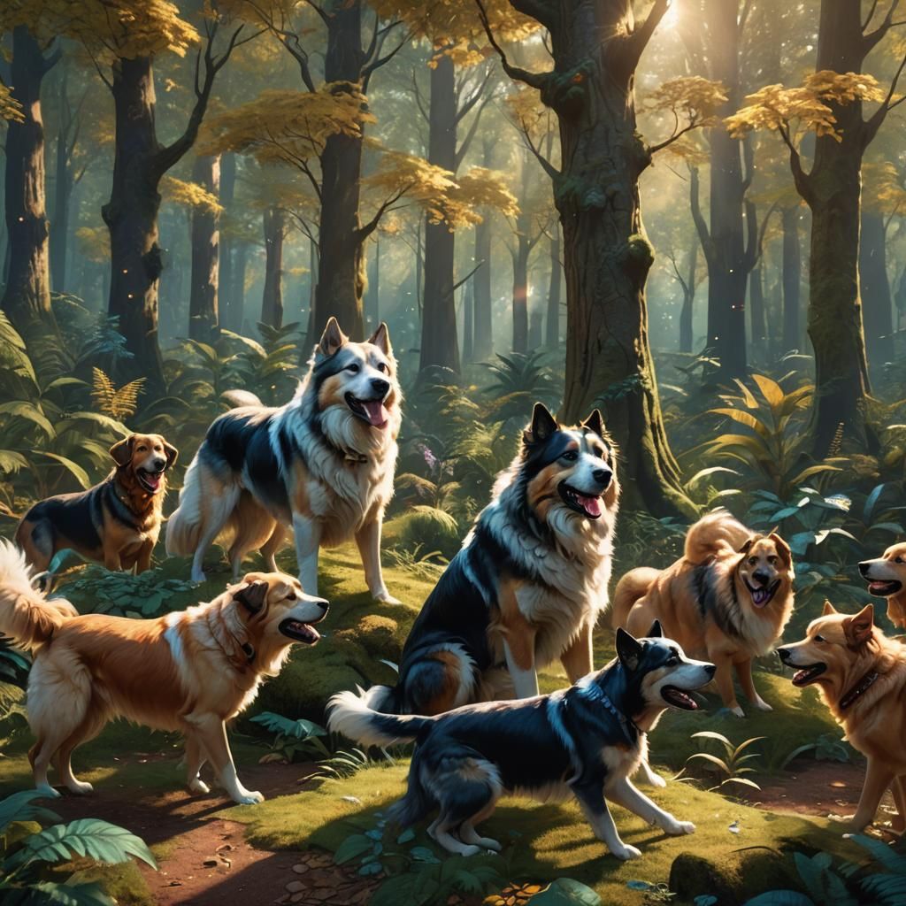 Happy Dogs Playing in Lush Forest, Fantasy Art