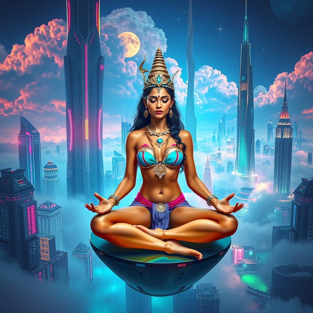 Futuristic India: Woman and Shiva Meditate in Sky City
