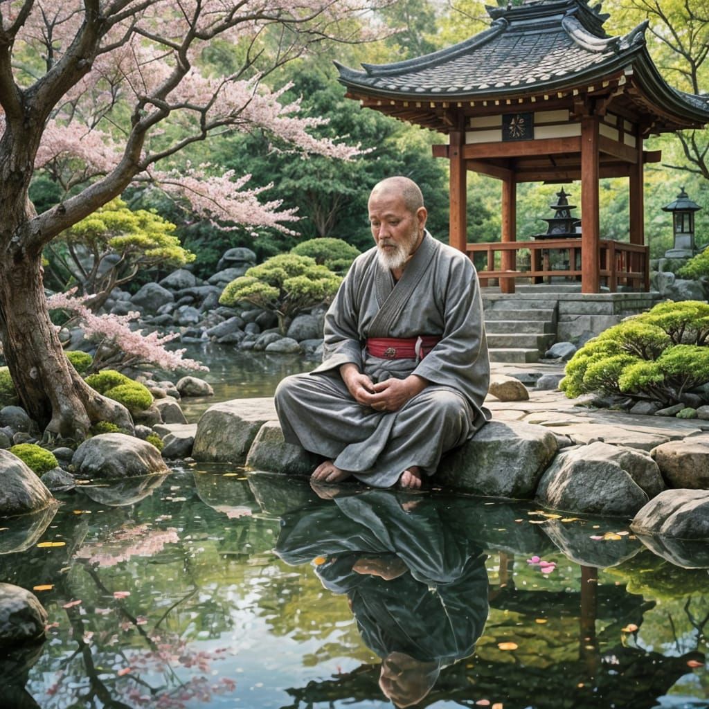 Zen Garden with Monk in Watercolor Style