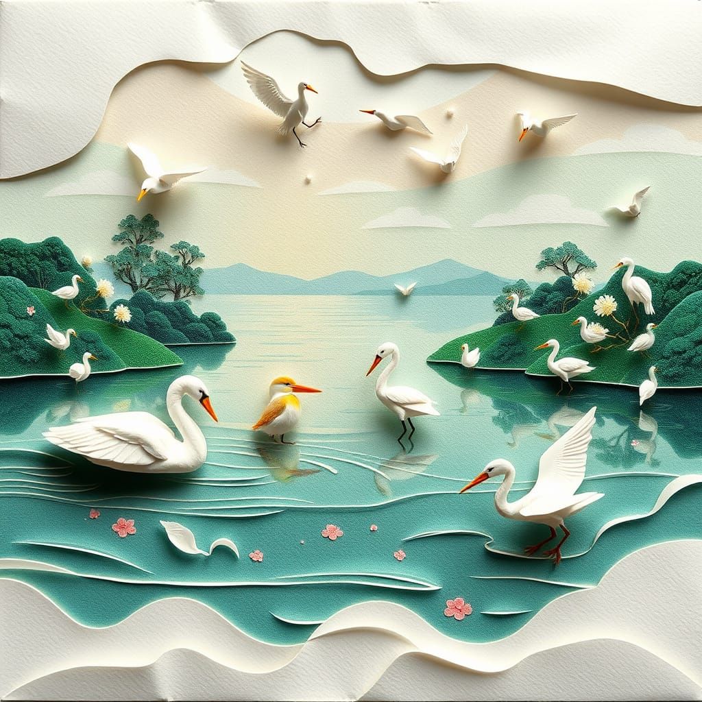 Serene Origami Euro Banknote Landscape with Birds in Flight