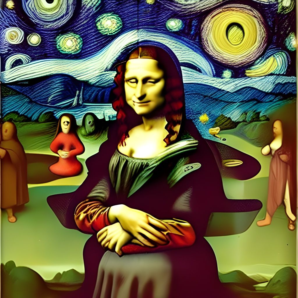 Mona Lisa in Surreal Starry Garden Landscape