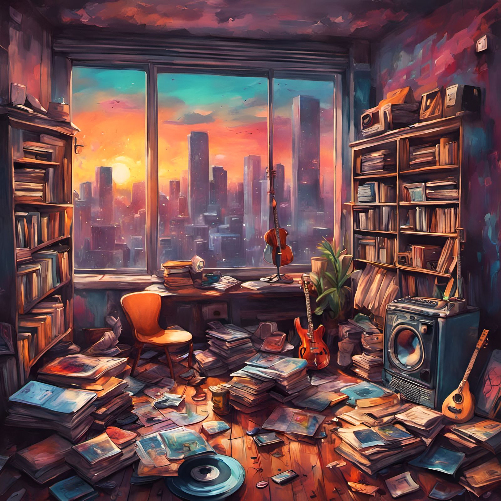 Sunset Lofi Room with Musicians in Graffiti Art Style