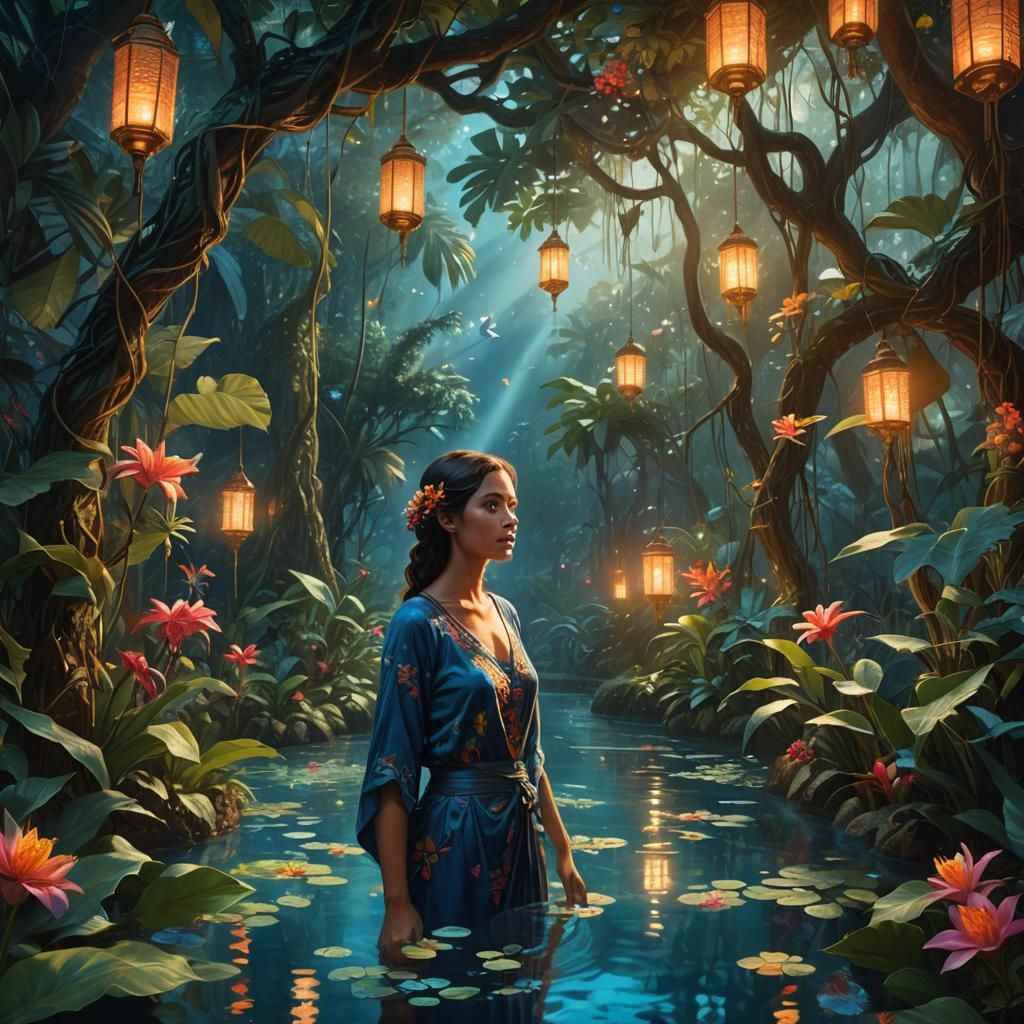 Woman in Blue Water Jungle with Glowing Flowers