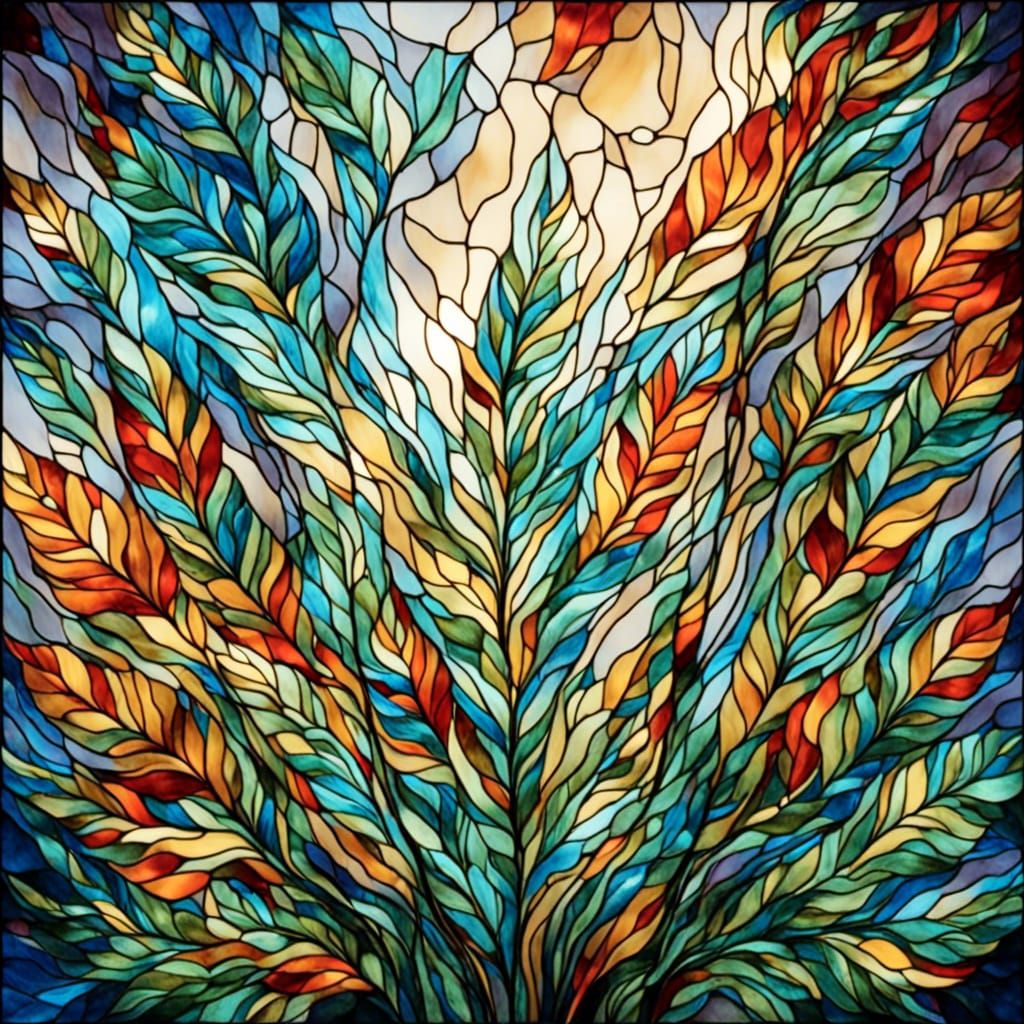 Stained Glass Pot Leaf and Wildflower Scenery