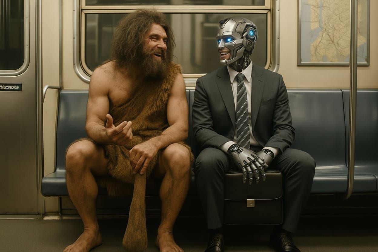 Caveman and Cyborg Chatting in Subway