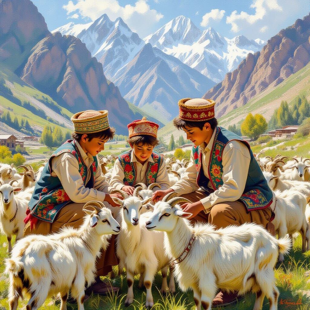 Boys Tending Goats in Lush Hunza Valley, Pakistan