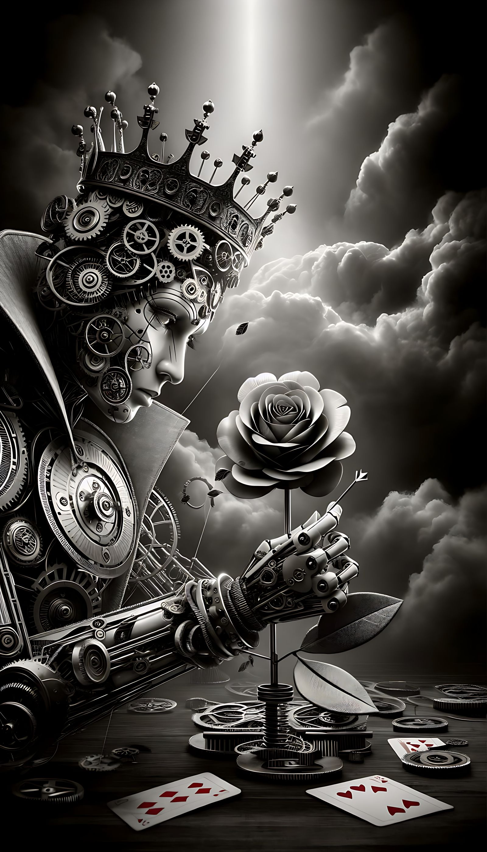 A clockwork automaton Queen of Hearts studying a complex, cl...