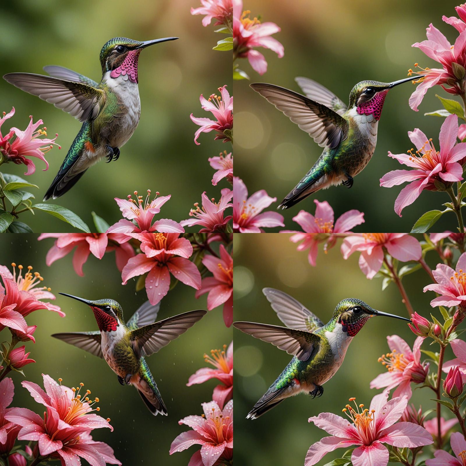 Hummingbird Sips Nectar from Vibrant Pink Blossom in Soft Fo...