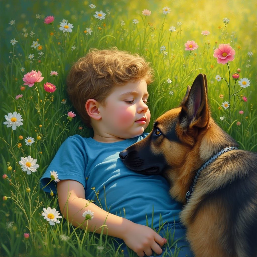Boy and Dog in Flower Meadow: Impressionistic Painting