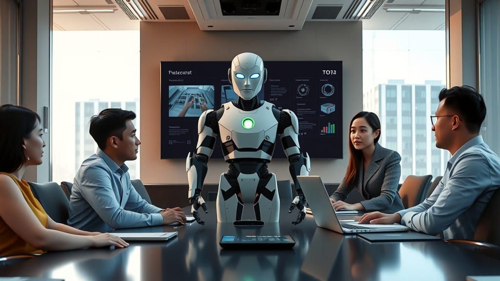 Humanoid AI Robot Leads Team in Modern Meeting Room