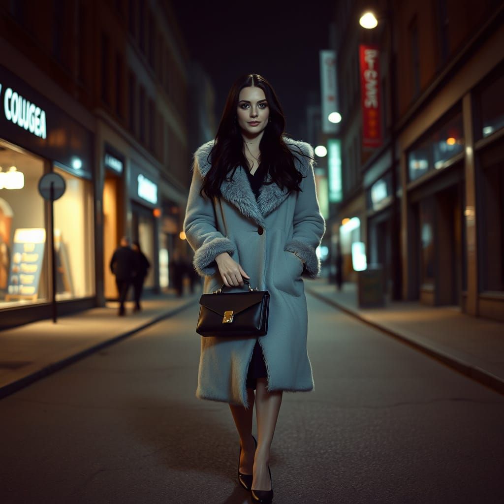 Cinematic Film Still Of Woman on Dark City Street