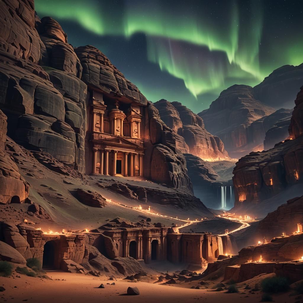 Petra by Night: Northern Lights Over Jordan