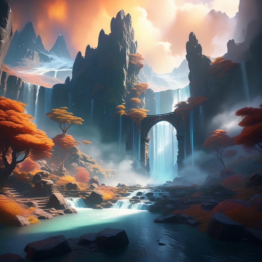 Ethereal Fantasy Landscape with Shimmering Waterfalls